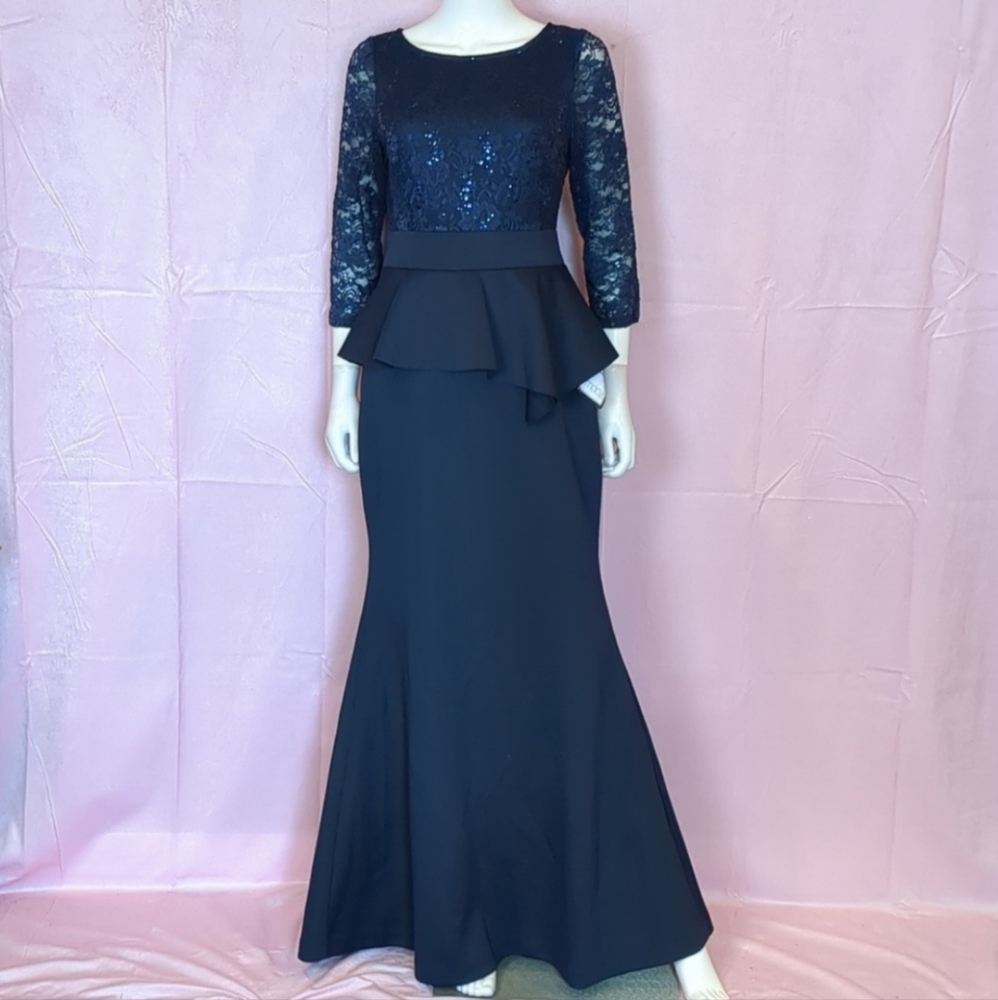 Jessica Howard Blue Lace Bodice Peplum 3/4 Sleeve Formal Evening Dress